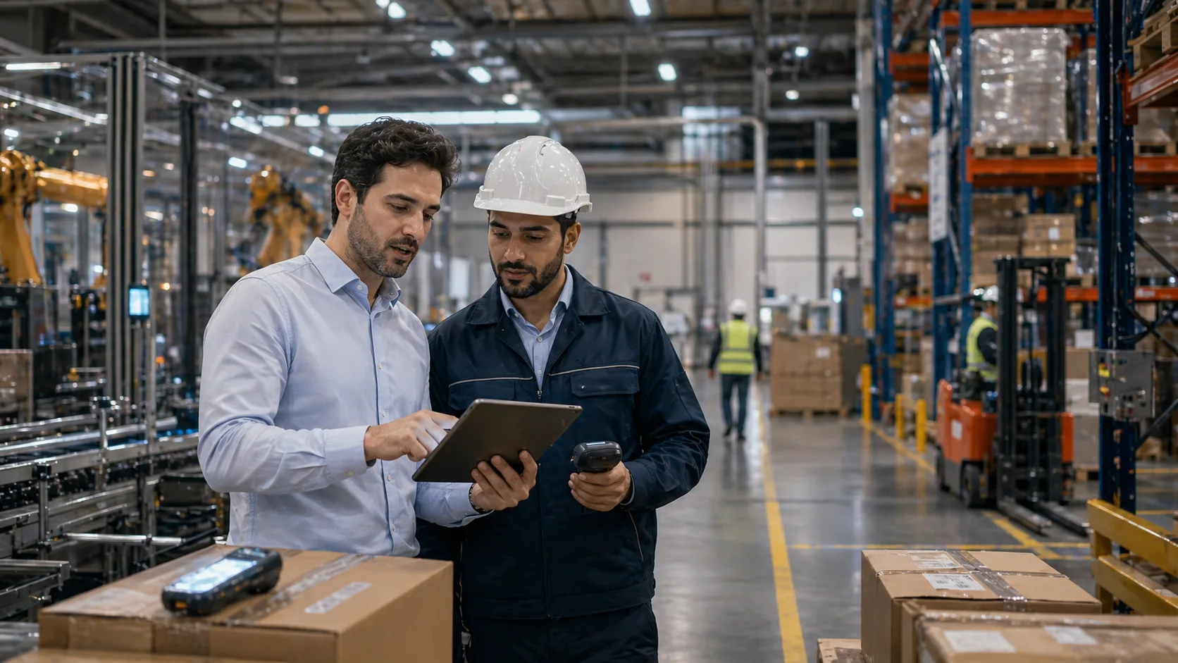 ERP consultant reviewing shop-floor inventory with an operations manager